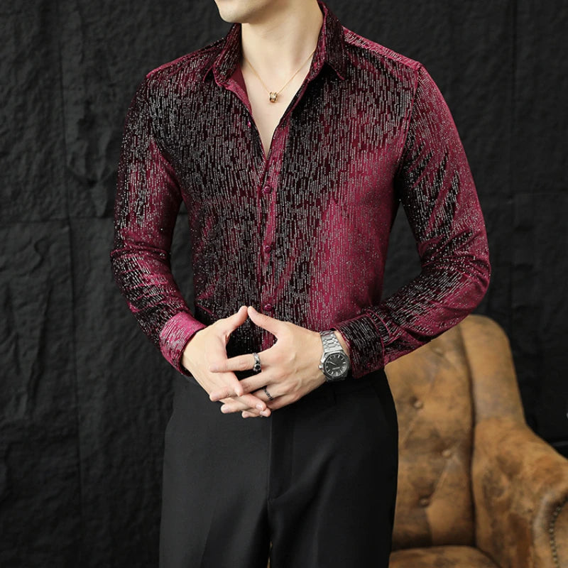 2024 Men's Shirts Luxury Shiny Velvet Social Shirts Autumn Winter Mens Dress Shirts Slim Long Sleeve Party Tuxedo Men Clothing