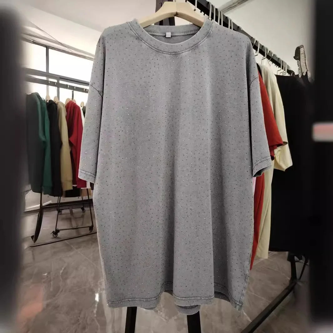 American Retro Pure Cotton Vintage T-shirt with Diamond Earth Color Street Style Diamond Flash Retro T-shirt for Men and Women