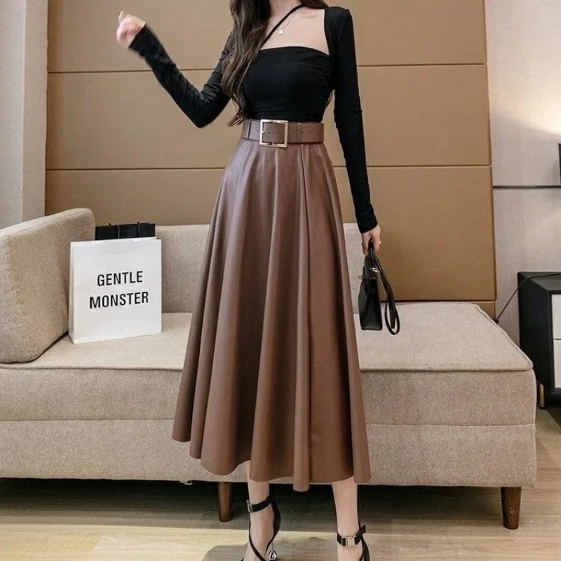 Caramel Leather Skirt High Waist A- Line Midi Skirt Women's Spring Autumn Large Swing Long Skirt Simple Pure Color Style