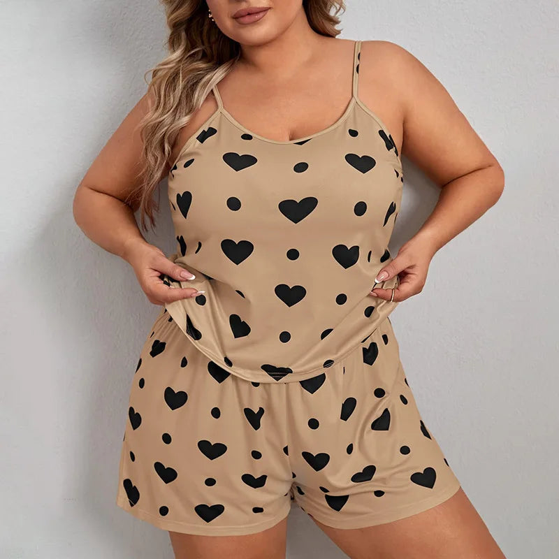 2025 Summer Women's Heart Print Pajama Set Sleeveless Elastic Waist Shorts 2 Pieces Female Sleepwear Nightwear XL-5XL Plus Size