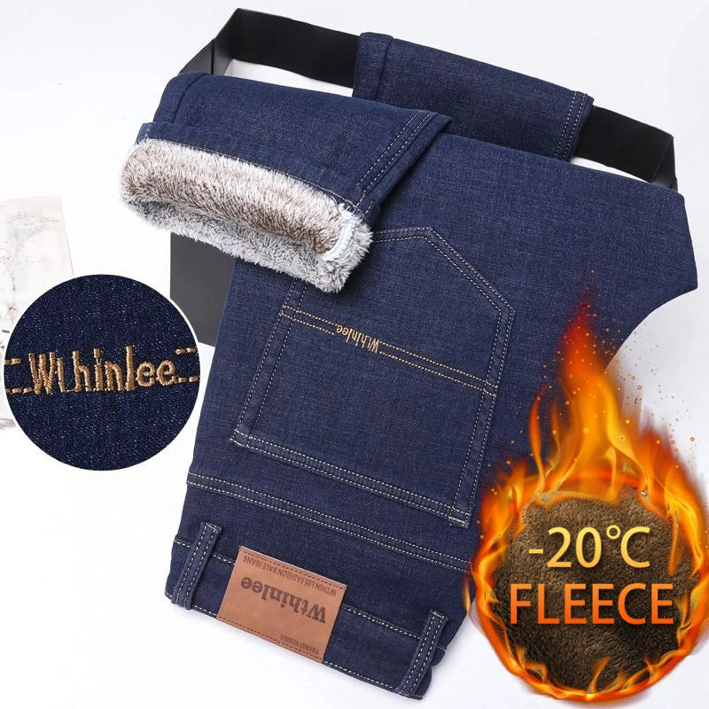 Autumn and Winter Fashionable Solid Color with Thick Fleece and Warm Straight Leg Jeans for Men's Casual Sports Men's Jeans