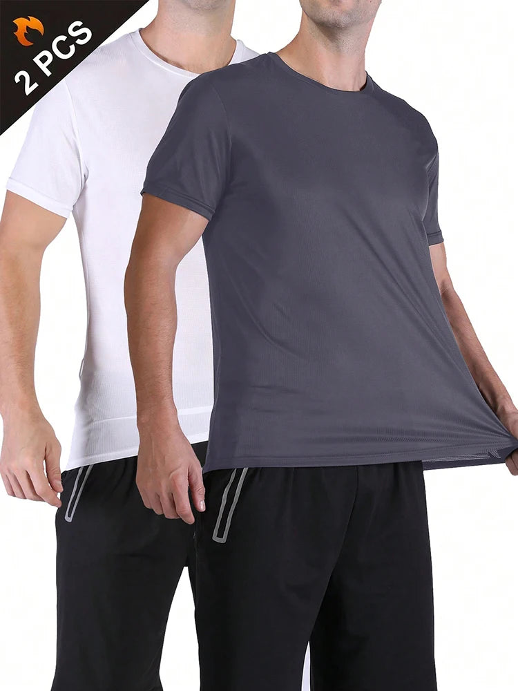2PCS Men's Solid Color Ultralight Quick Dry Sport T-Shirt, Breathable Lightweight Top For Fitness Training Workout Running Gym