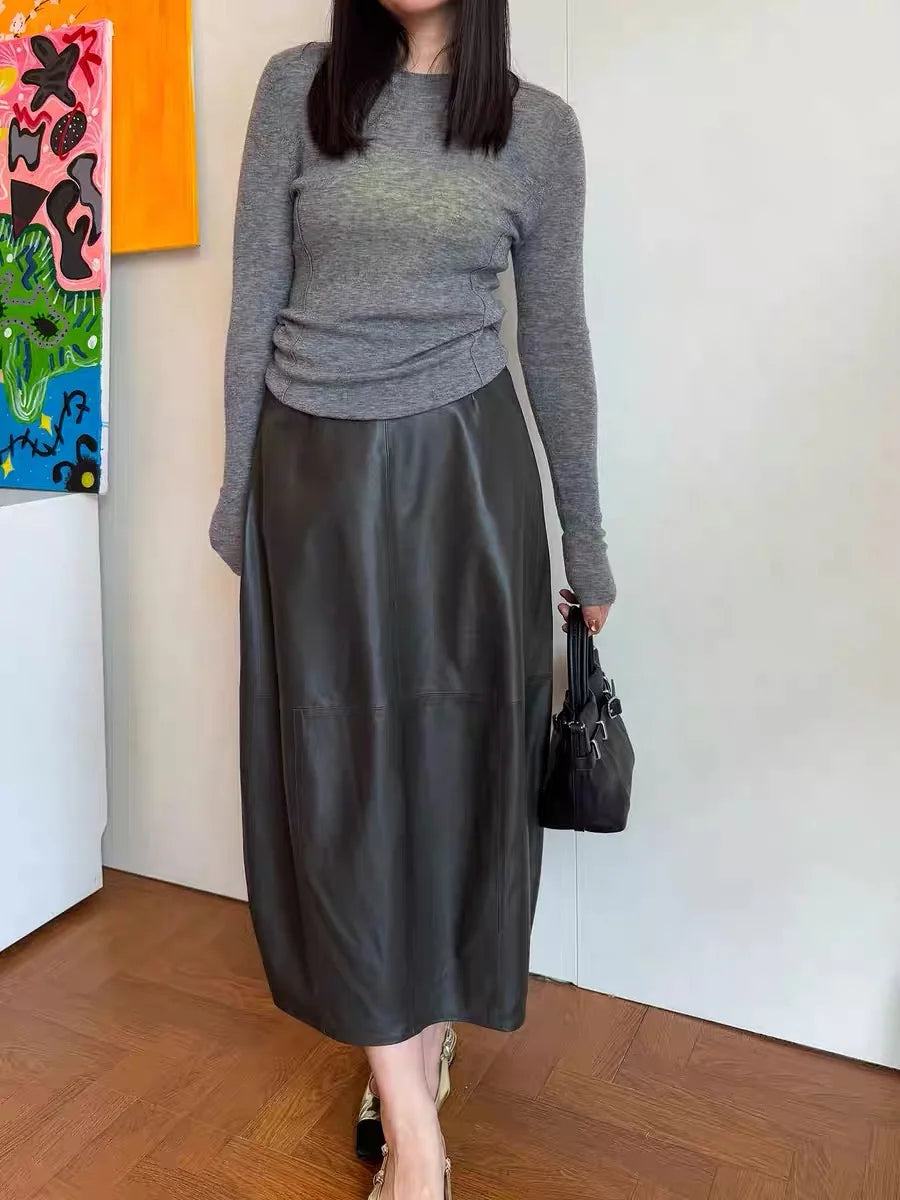 Autumn High End Women Genuine Leather Sheepskin Long Bud Skirt Wrapped Jupe Mujer Mid Length Korean Style