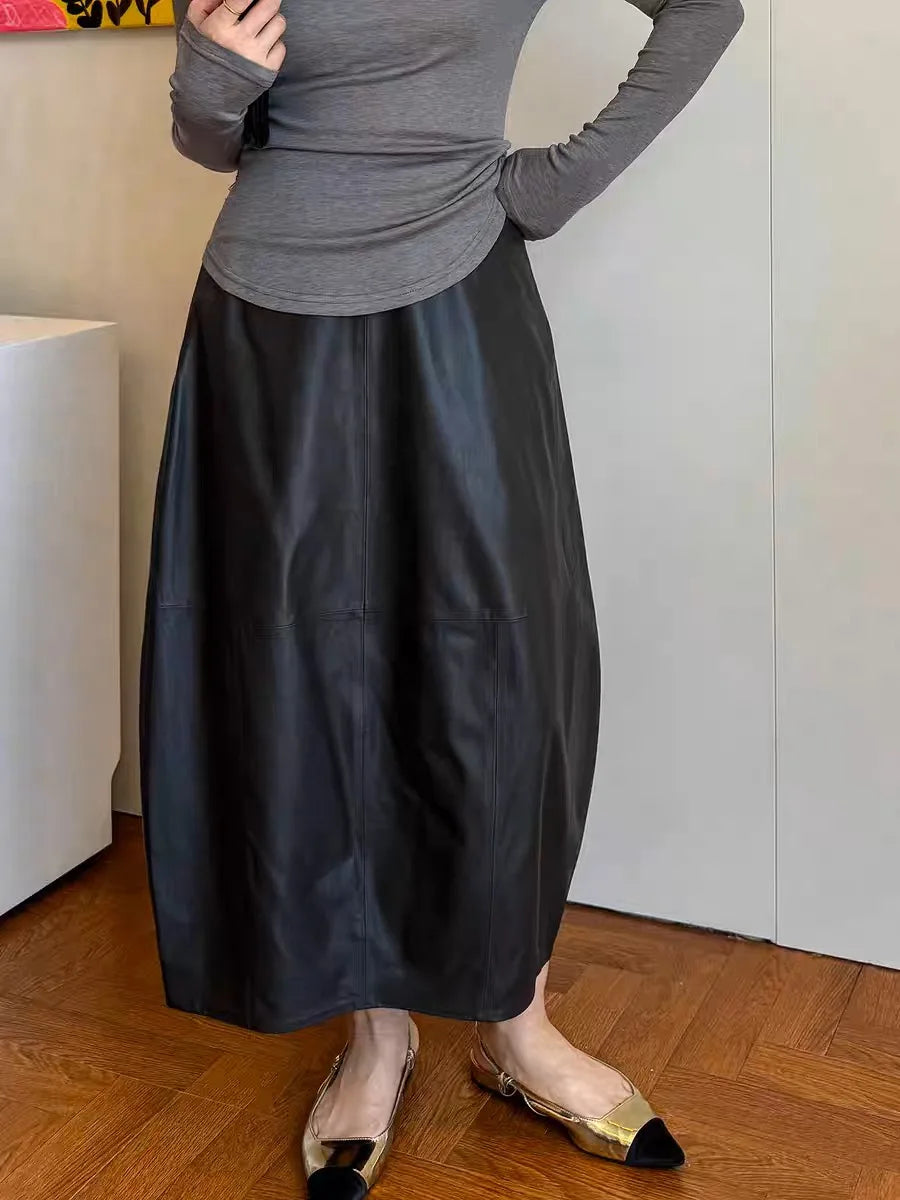 Autumn High End Women Genuine Leather Sheepskin Long Bud Skirt Wrapped Jupe Mujer Mid Length Korean Style