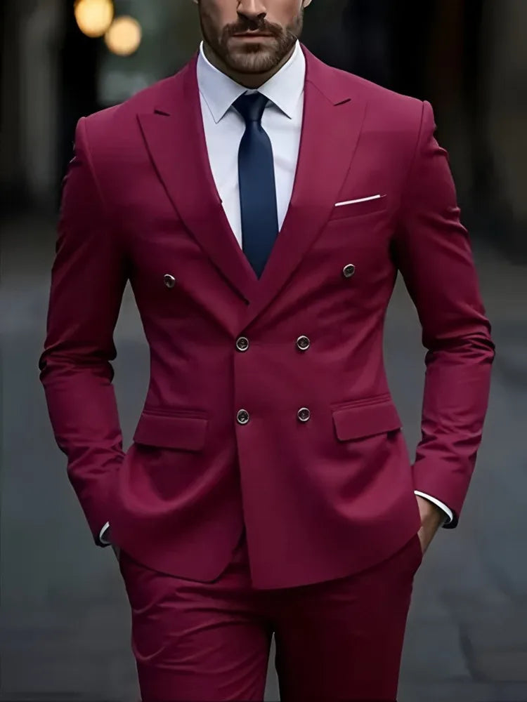2025 Fashion New Men Double Breasted Boutique Solid Color Business Slim Fit Groom'S Office Wedding Best for Man Work Dress Suit
