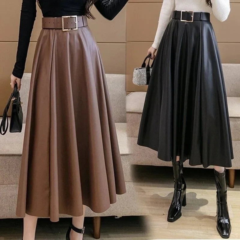 Caramel Leather Skirt High Waist A- Line Midi Skirt Women's Spring Autumn Large Swing Long Skirt Simple Pure Color Style