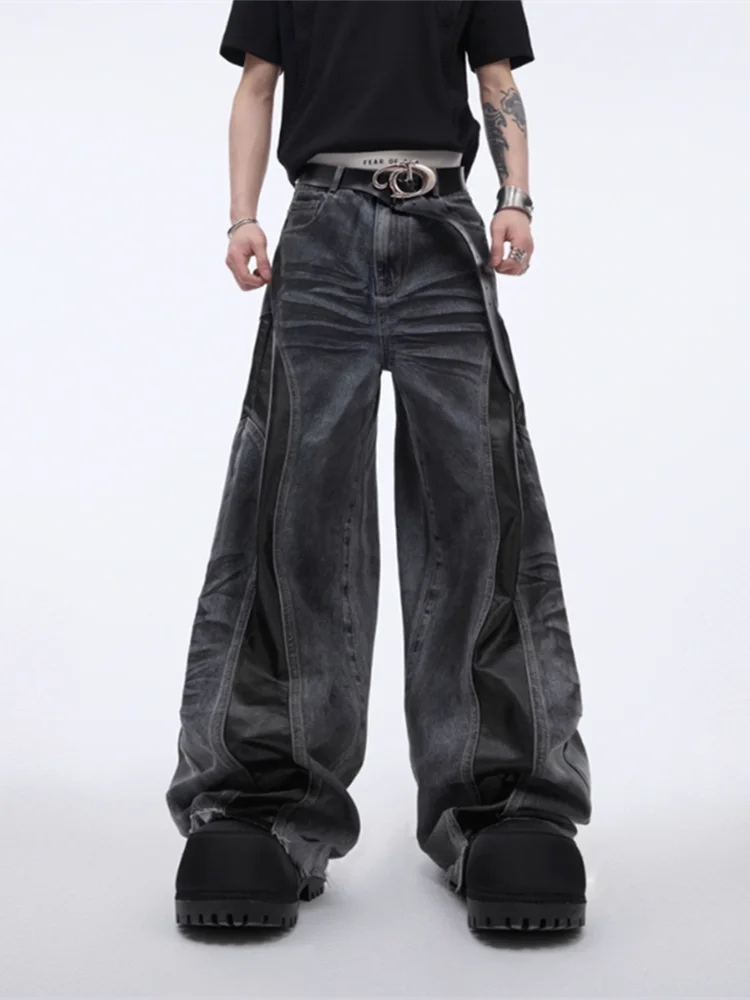 2025 Cyber Y2K Streetwear Black Pu Leather Patchwork Baggy Flare Jeans Pants Men Clothing Washed Black Wide Leg Denim Trousers