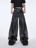 2025 Cyber Y2K Streetwear Black Pu Leather Patchwork Baggy Flare Jeans Pants Men Clothing Washed Black Wide Leg Denim Trousers