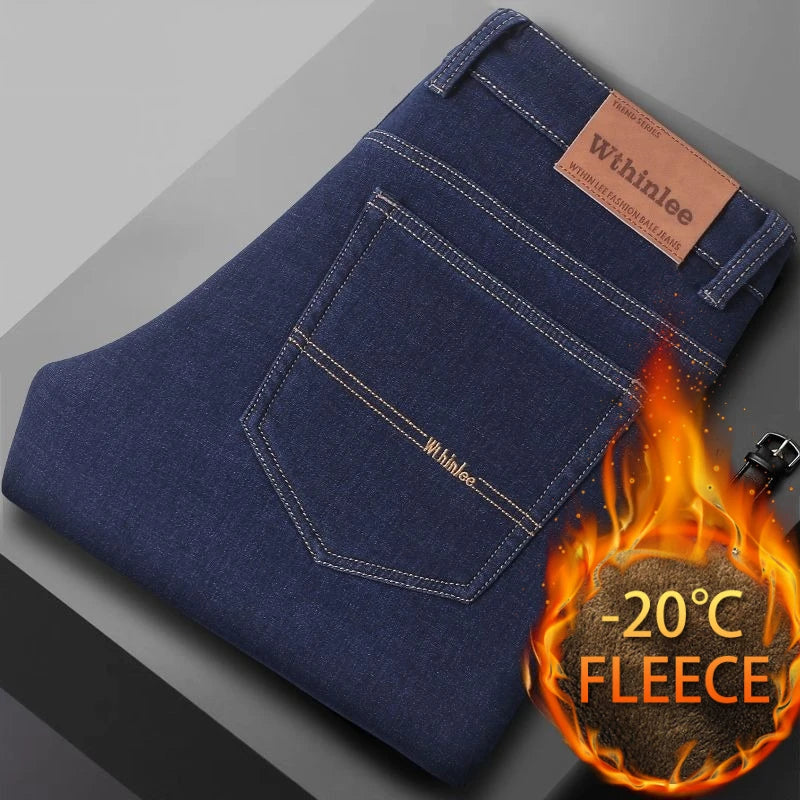 Autumn and Winter Fashionable Solid Color with Thick Fleece and Warm Straight Leg Jeans for Men's Casual Sports Men's Jeans