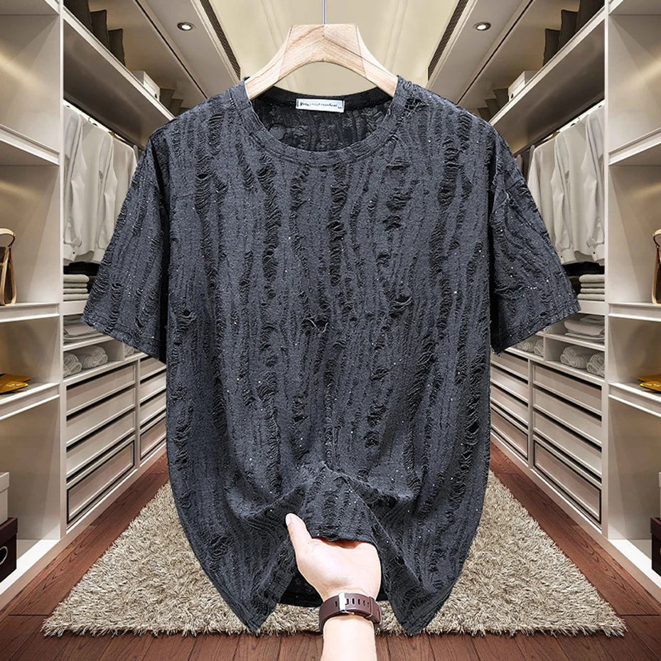 11XL Plus Size Men T-shirts Summer Fashion Rhinestone Tee Tops Black Gray Short Sleeve Crew Neck T Shirts Big Size 10XL 9XL