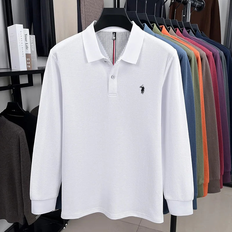 100% pure cotton high-end brand men's long sleeved polo shirt autumn fashion new luxurious pony Paul embroidery top golf T-shirt