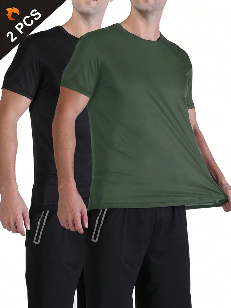 2PCS Men's Solid Color Ultralight Quick Dry Sport T-Shirt, Breathable Lightweight Top For Fitness Training Workout Running Gym