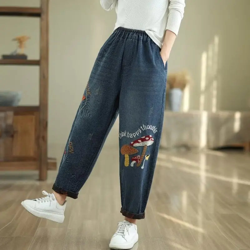 Cartoon Embroidery Creative Patchwork Jeans For Women Spring Fall Fashion Elastic Waist Baggy Casual Denim Harem Pants Female