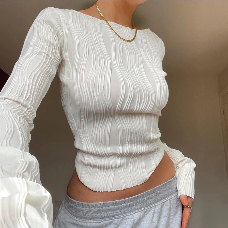 2023 Spring Ruched Long Sleeve T Shirts Women Casual White Skinny Black Basic Tee Fashion Street Cropped Top Y2K Clothes
