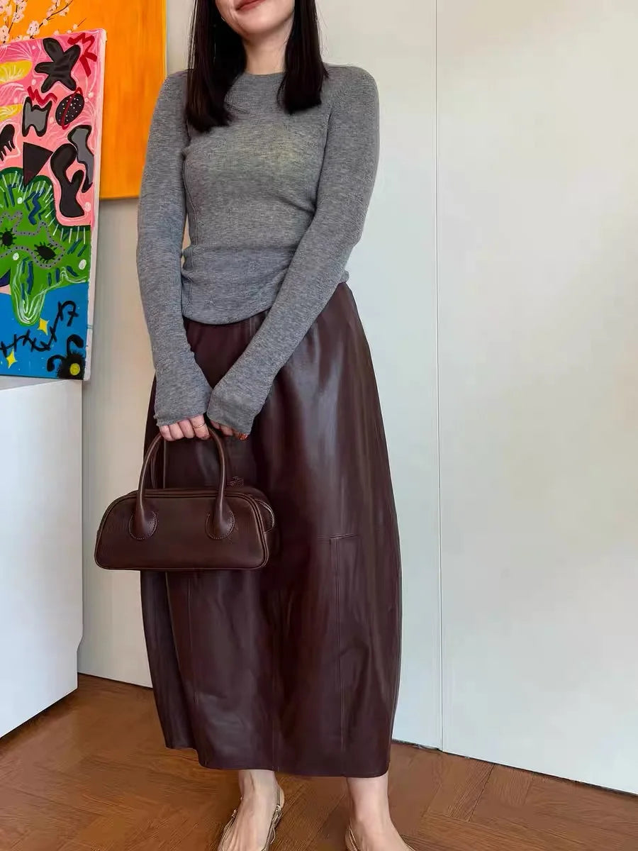 Autumn High End Women Genuine Leather Sheepskin Long Bud Skirt Wrapped Jupe Mujer Mid Length Korean Style