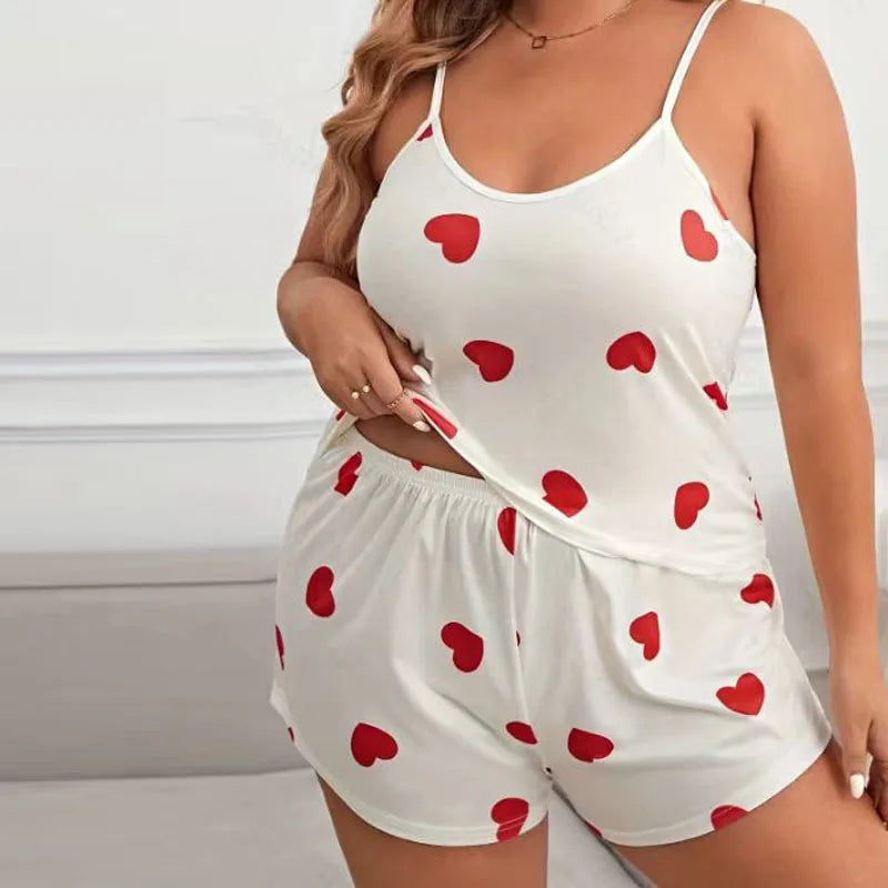 2025 Summer Women's Heart Print Pajama Set Sleeveless Elastic Waist Shorts 2 Pieces Female Sleepwear Nightwear XL-5XL Plus Size