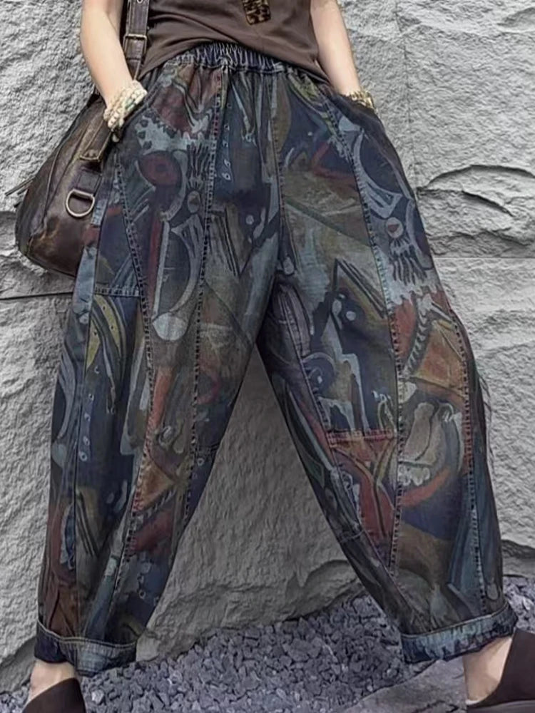 Amax luluE Fashion Loose Printed Vintage Womens Spring Denim Pants Patchwork Jeans Ladies Classic Casual Punk Wide Leg Trousers