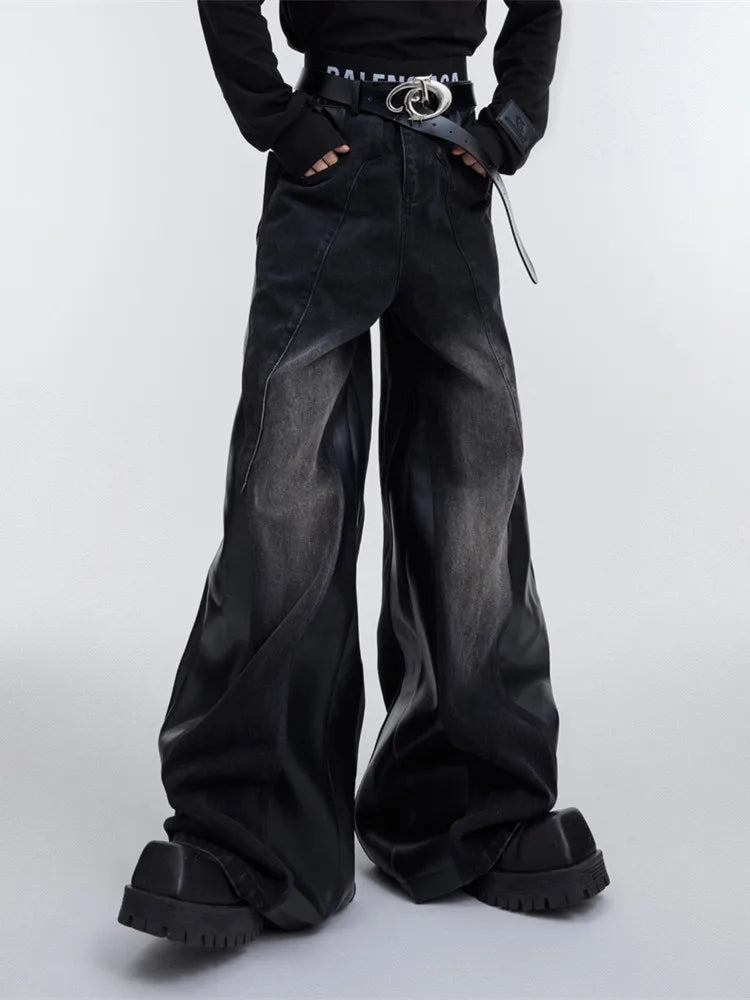 2024 Ropa Y2K Streetwear Red Pu Leather Patchwork Baggy Jeans Pants For Men Designer Clothes Kanye Wide Leg Loose Denim Trousers