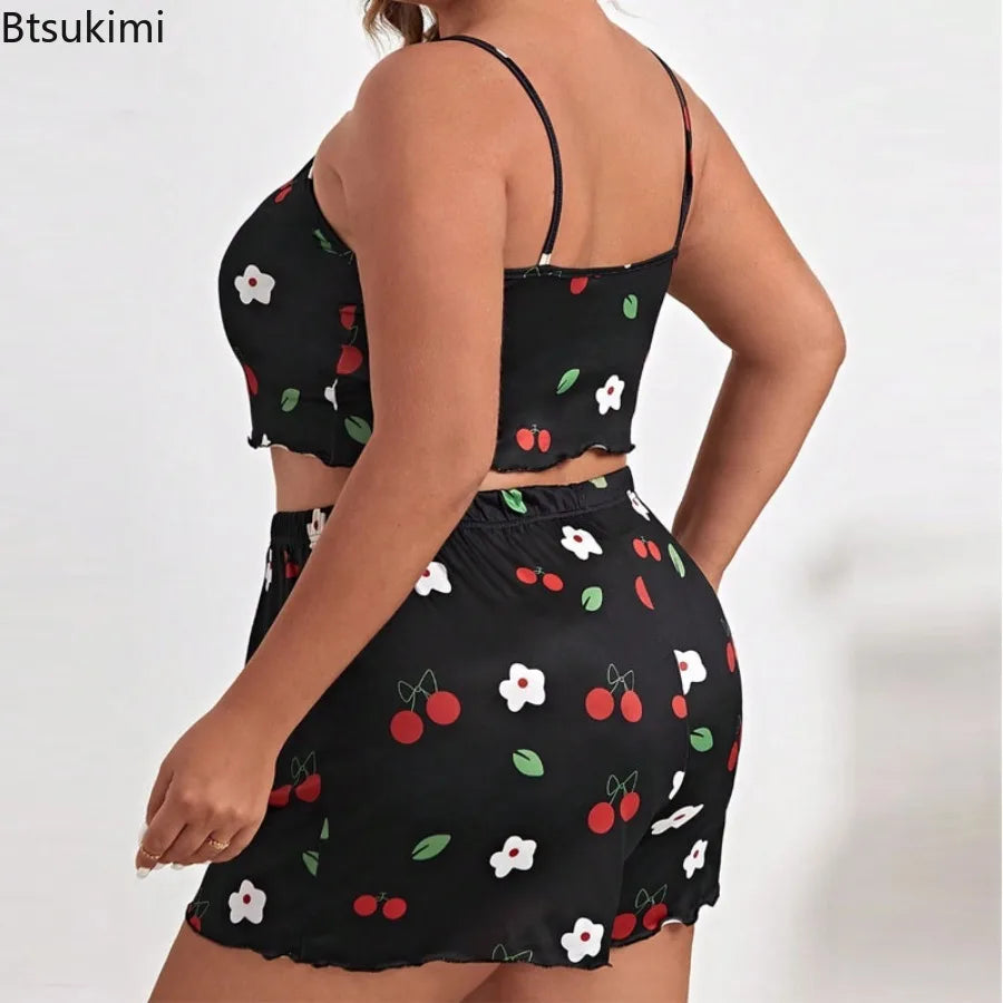 2025 Summer Women's Heart Print Pajama Set Sleeveless Elastic Waist Shorts 2 Pieces Female Sleepwear Nightwear XL-5XL Plus Size