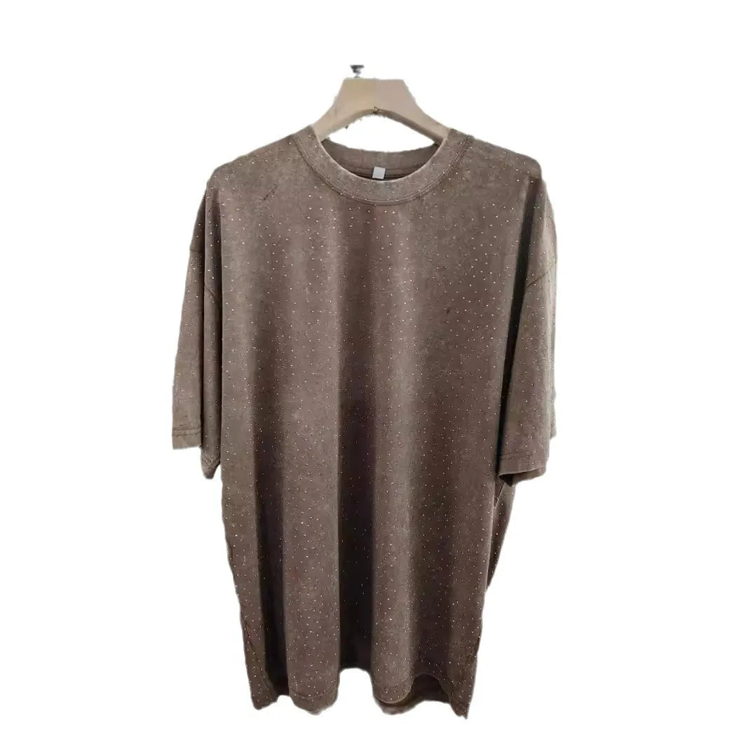 American Retro Pure Cotton Vintage T-shirt with Diamond Earth Color Street Style Diamond Flash Retro T-shirt for Men and Women