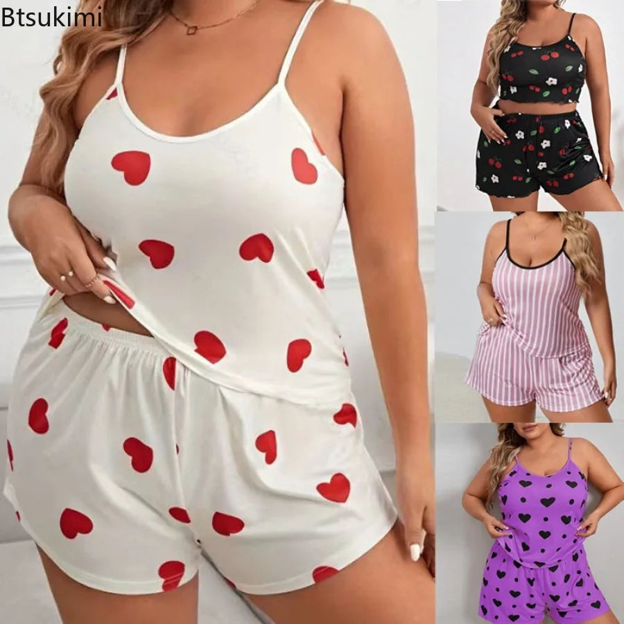2025 Summer Women's Heart Print Pajama Set Sleeveless Elastic Waist Shorts 2 Pieces Female Sleepwear Nightwear XL-5XL Plus Size