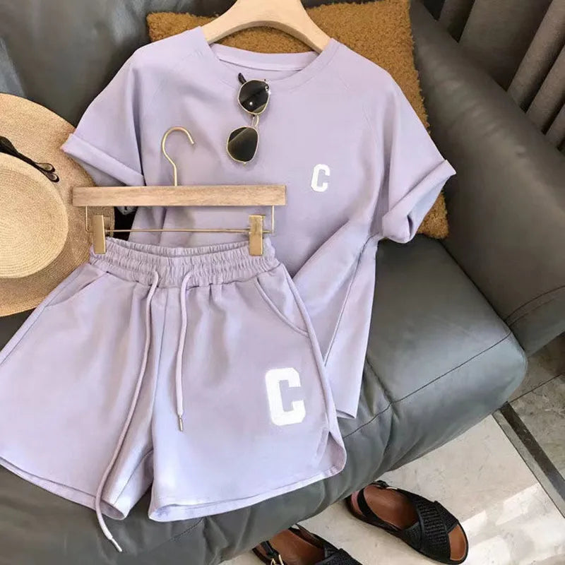 2 Piece Set Women Summer Large Size Short Pajamas Loose Short Sleeve T-shirt Casual Shorts Sports Print Letter Casual Suit