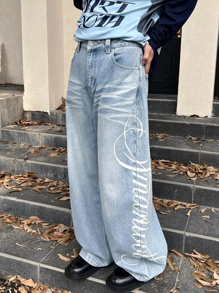 Autumn Men's Letter Printed Straight-Leg Baggy Jeans Hip Hop Fashion Washed Denim Pantalones American Retro Y2K Streetwear Jean