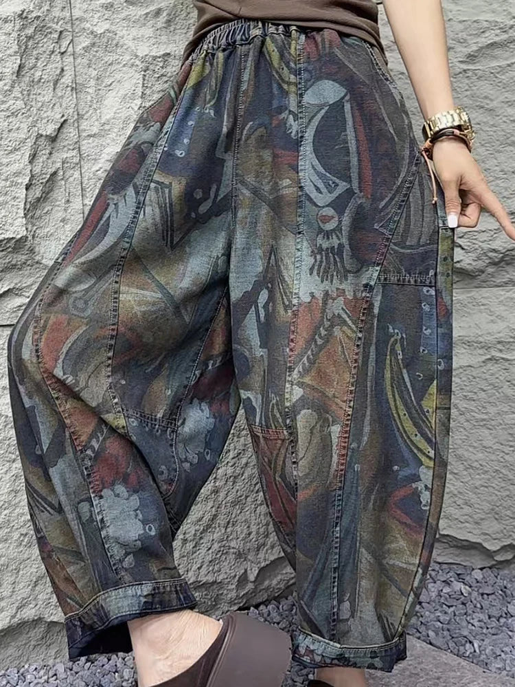 Amax luluE Fashion Loose Printed Vintage Womens Spring Denim Pants Patchwork Jeans Ladies Classic Casual Punk Wide Leg Trousers