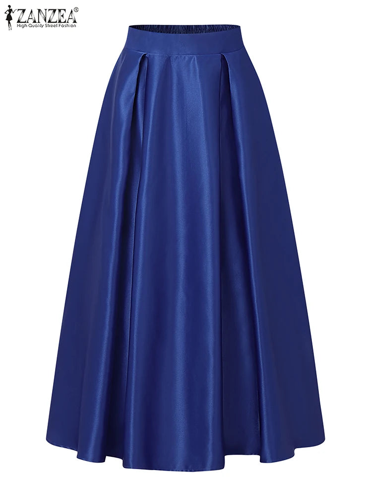 2025 ZANZEA Elegant High Waist Party Satin Skirts Summer Women Fashion A-line Work OL Skirt Jupe Vestidos Solid Midi Faldas Saia