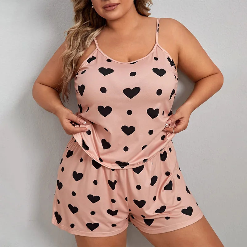 2025 Summer Women's Heart Print Pajama Set Sleeveless Elastic Waist Shorts 2 Pieces Female Sleepwear Nightwear XL-5XL Plus Size