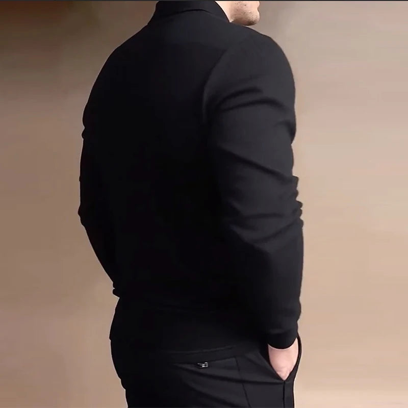 American Retro Men's Jacquard Polo Shirt Luxury Business Slim Solid Color T-shirt Leisure Lapel Long Sleeve Pullover Tops S-2XL