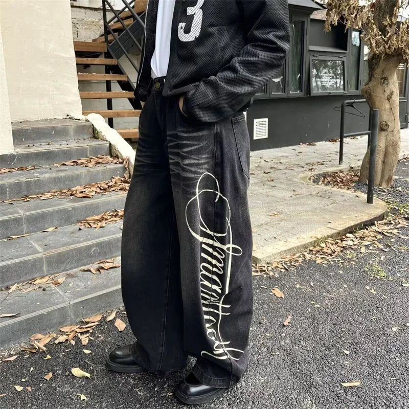 Autumn Men's Letter Printed Straight-Leg Baggy Jeans Hip Hop Fashion Washed Denim Pantalones American Retro Y2K Streetwear Jean