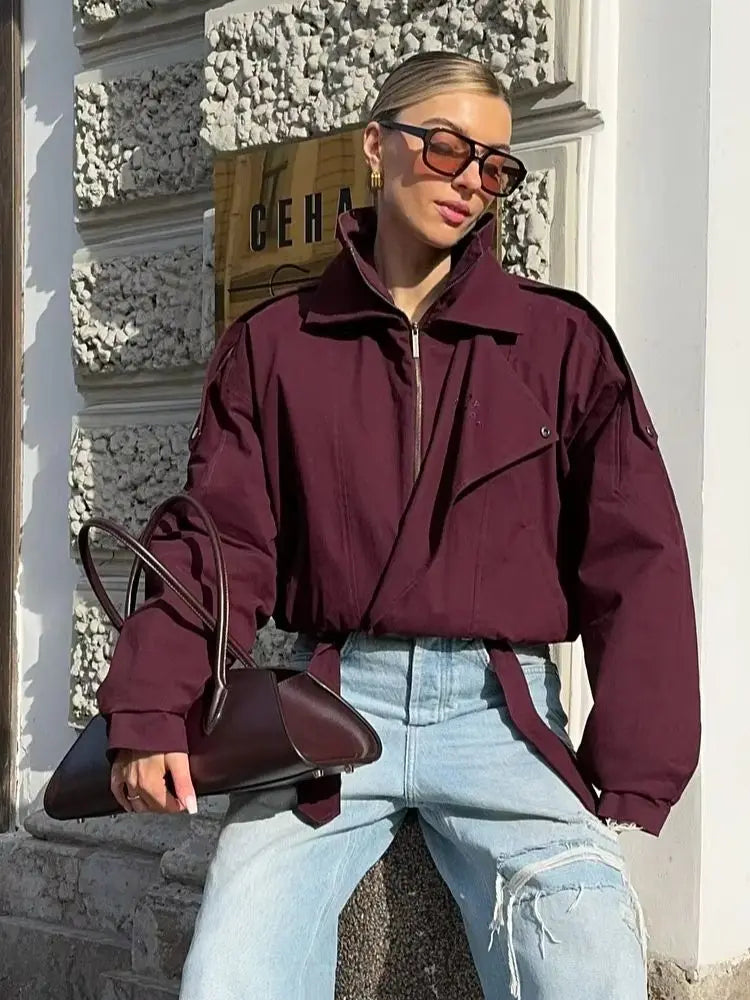 Casual Wine Red Lace Up Short Jacket Women Long Sleeve Zipper Stand Up Collar Pocket Button Coats New Lady High Street Wear Fall