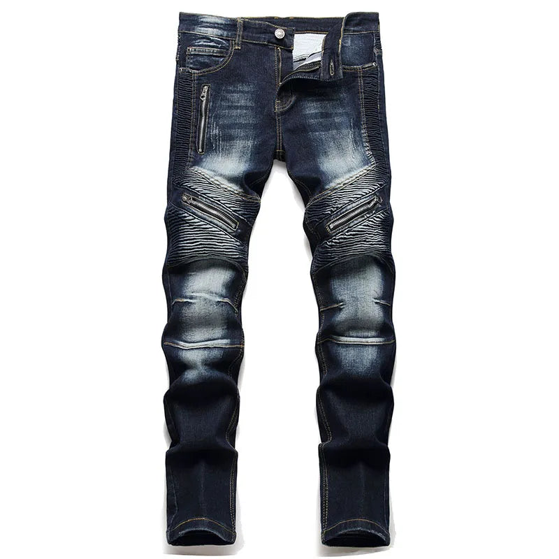 2022 High Quality Men Casual Jeans Coated Straight Pleated Biker Jeans Male Motorcycle Denim Pants Vaqueros Hombre Plus Size 42
