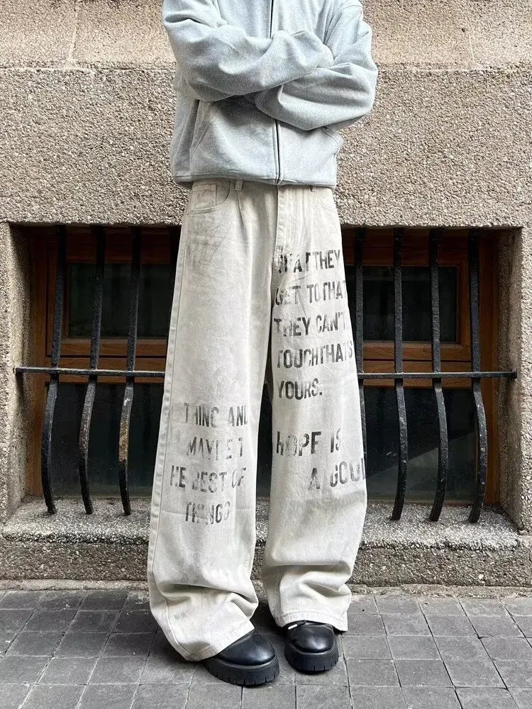 2025 Cyber Y2K Streetwear Letter Printed White Baggy Jeans Pants For Men Clothing Cotton Gothic Long Trousers Pantalones Hombre