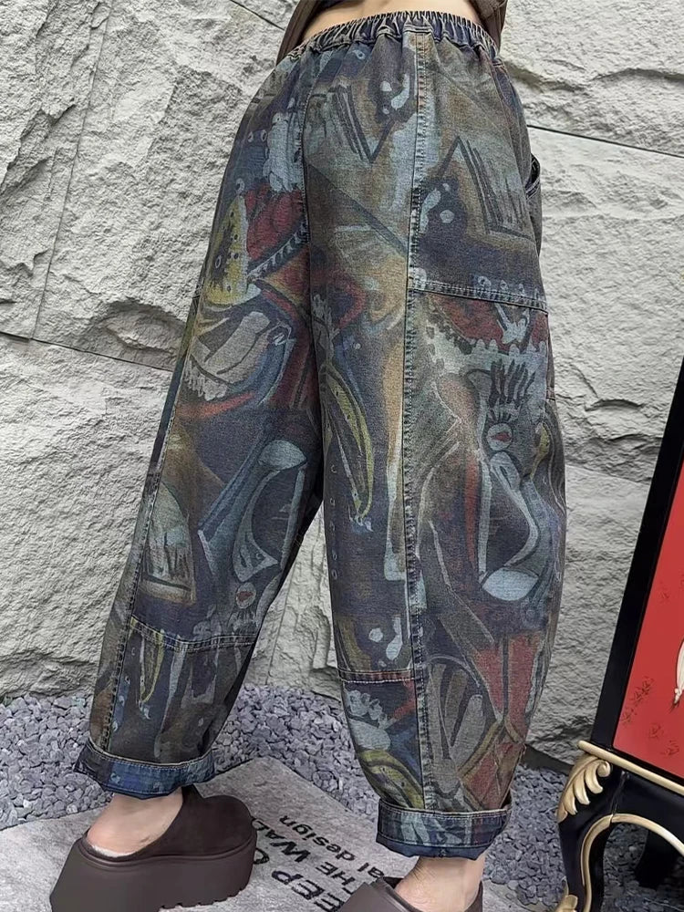 Amax luluE Fashion Loose Printed Vintage Womens Spring Denim Pants Patchwork Jeans Ladies Classic Casual Punk Wide Leg Trousers