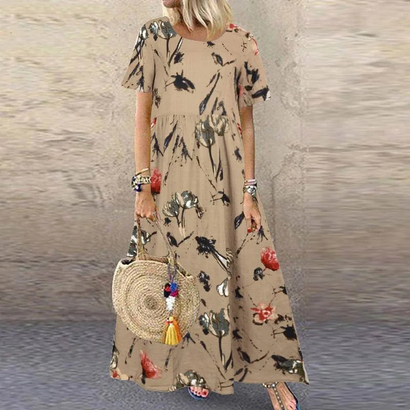 2025 Summer Women's Dress O-neck Loose Short-sleeved Floral Print Pastoral Style Vacation Beach Long Skirt