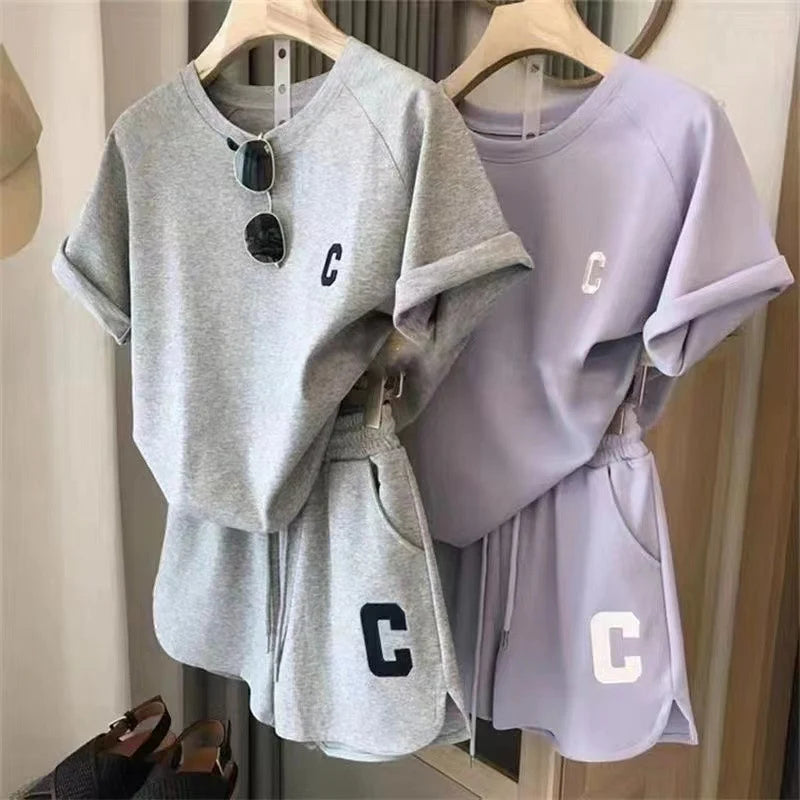 2 Piece Set Women Summer Large Size Short Pajamas Loose Short Sleeve T-shirt Casual Shorts Sports Print Letter Casual Suit
