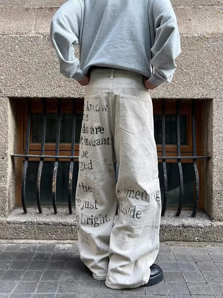 2025 Cyber Y2K Streetwear Letter Printed White Baggy Jeans Pants For Men Clothing Cotton Gothic Long Trousers Pantalones Hombre
