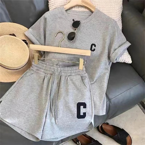 2 Piece Set Women Summer Large Size Short Pajamas Loose Short Sleeve T-shirt Casual Shorts Sports Print Letter Casual Suit