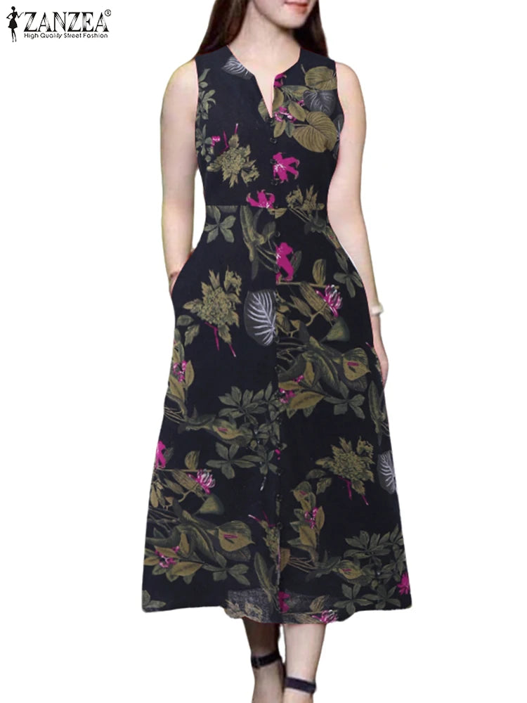 2025 Summer Dress ZANZEA Women Bohemain Printed Midi Sundress Casual V Neck Sleevelesss Holiday Party Vestidos Kaftan Robe Femme