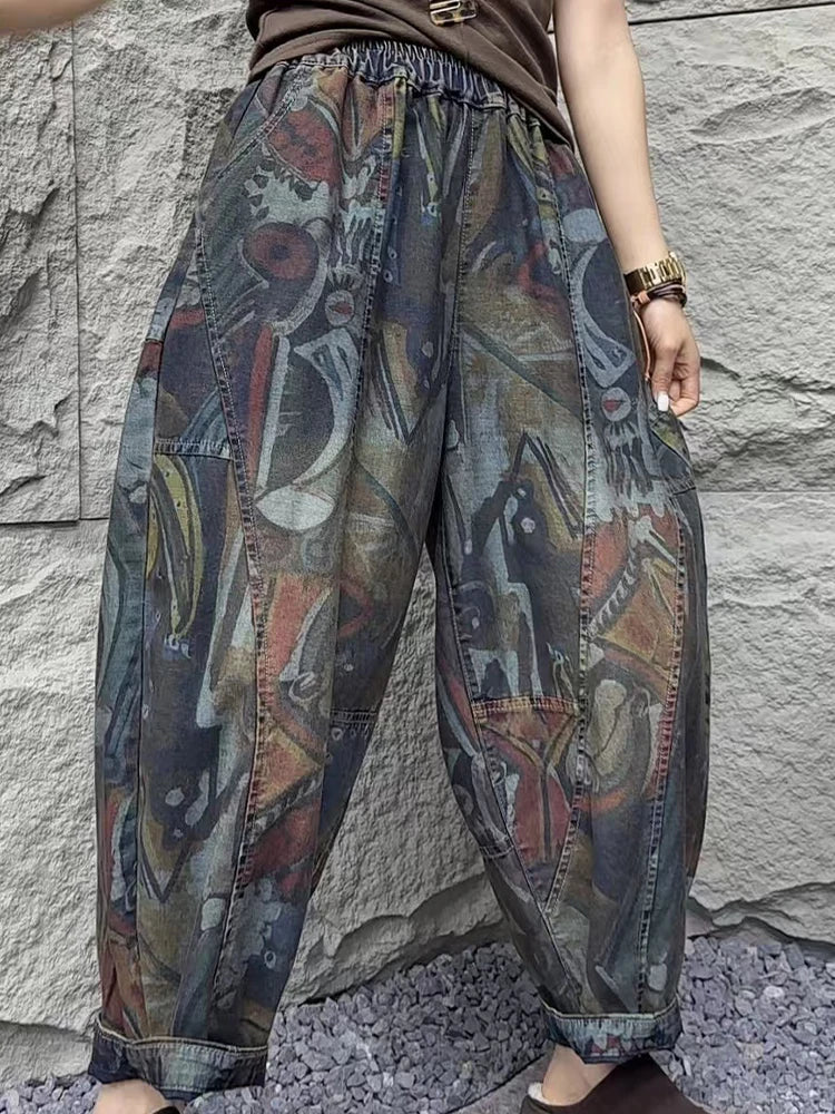 Amax luluE Fashion Loose Printed Vintage Womens Spring Denim Pants Patchwork Jeans Ladies Classic Casual Punk Wide Leg Trousers