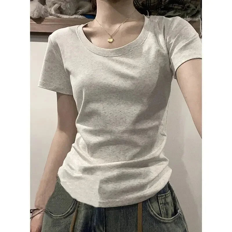 100% Pure Cotton Casual Short Sleeved T-shirt for Women's Summer Elastic Slim Fit Round Neck Bottom Shirt for Women's  Fashion