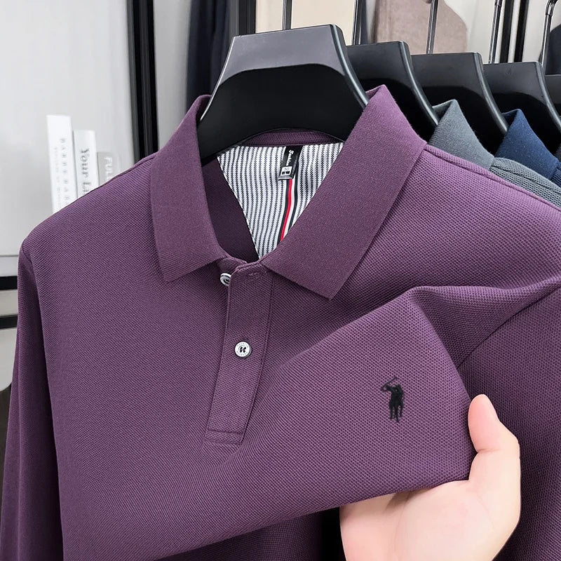 100% pure cotton high-end brand men's long sleeved polo shirt autumn fashion new luxurious pony Paul embroidery top golf T-shirt