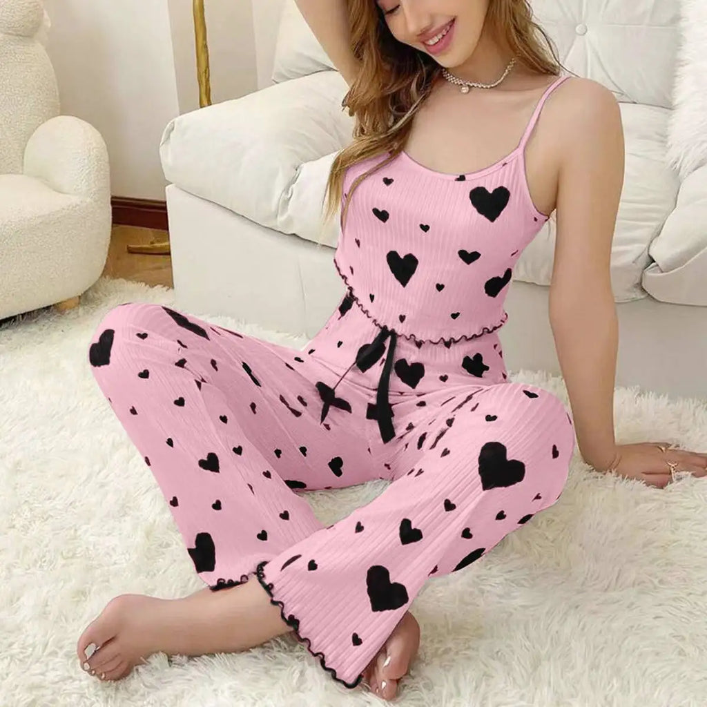 2025 Women Pajamas Plus Size Pajamas Set 2 Piece Short Vest + Trouser White Breathable Soft Casual Love Print