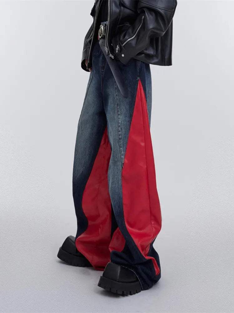 2024 Ropa Y2K Streetwear Red Pu Leather Patchwork Baggy Jeans Pants For Men Designer Clothes Kanye Wide Leg Loose Denim Trousers