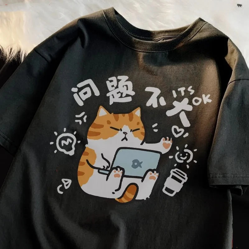 Cat Cute It's Ok Printed T-shirt Women Summer Casual Trend Retro Cartoon Printed Round Neck Top Short Sleeved Woman Clothing
