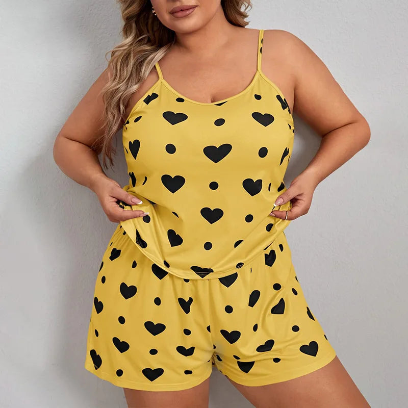 2025 Summer Women's Heart Print Pajama Set Sleeveless Elastic Waist Shorts 2 Pieces Female Sleepwear Nightwear XL-5XL Plus Size