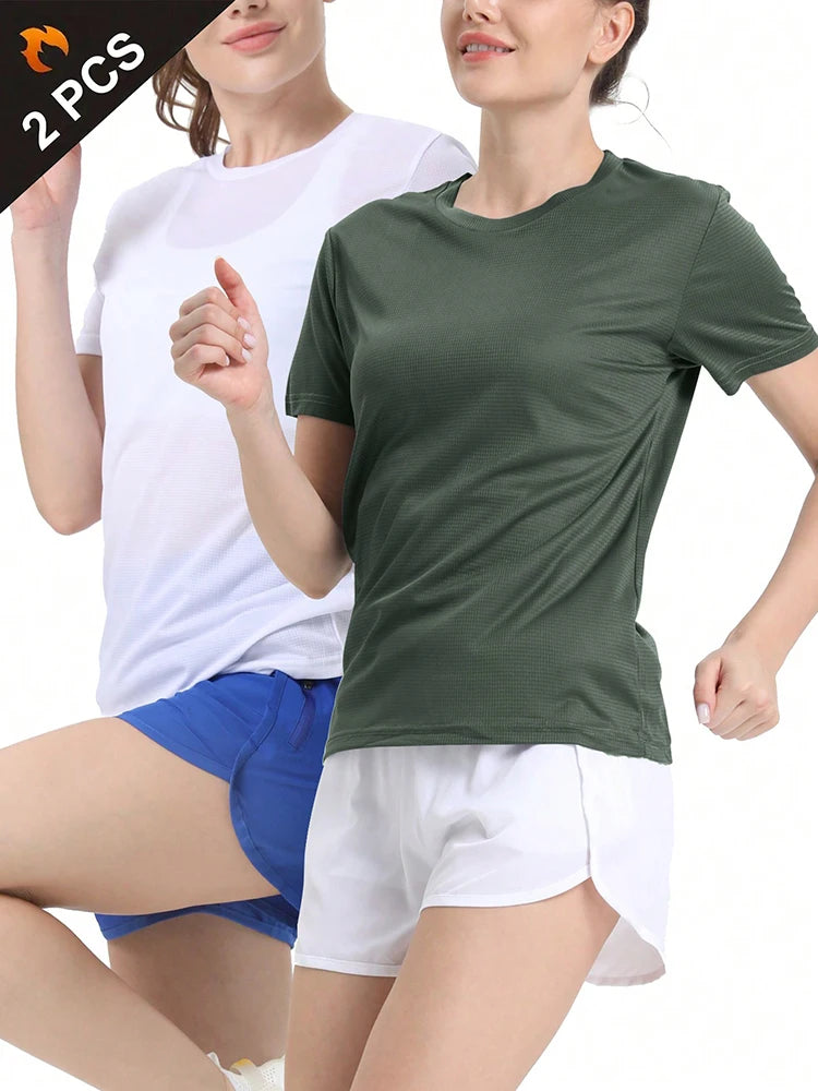 2Pcs Women's Solid Color Ultralight Quick Dry Sport T-Shirt, Breathable Lightweight Top For Fitness Training Workout Running Gym