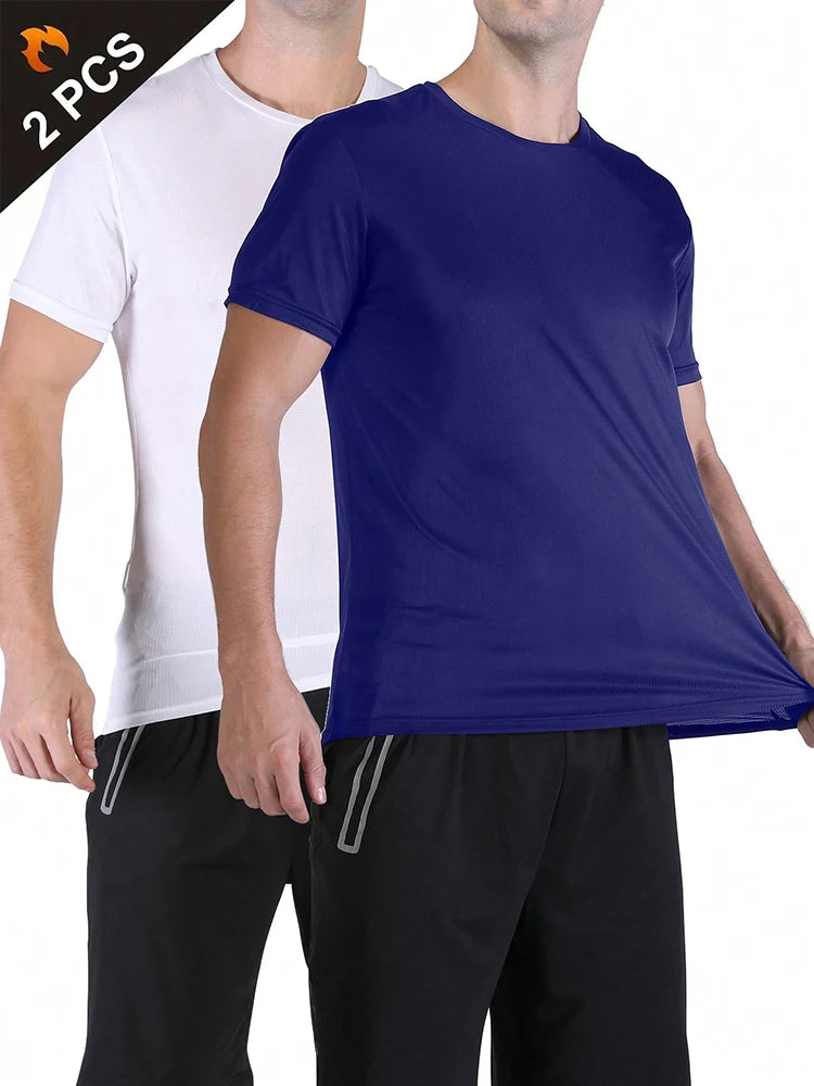 2PCS Men's Solid Color Ultralight Quick Dry Sport T-Shirt, Breathable Lightweight Top For Fitness Training Workout Running Gym